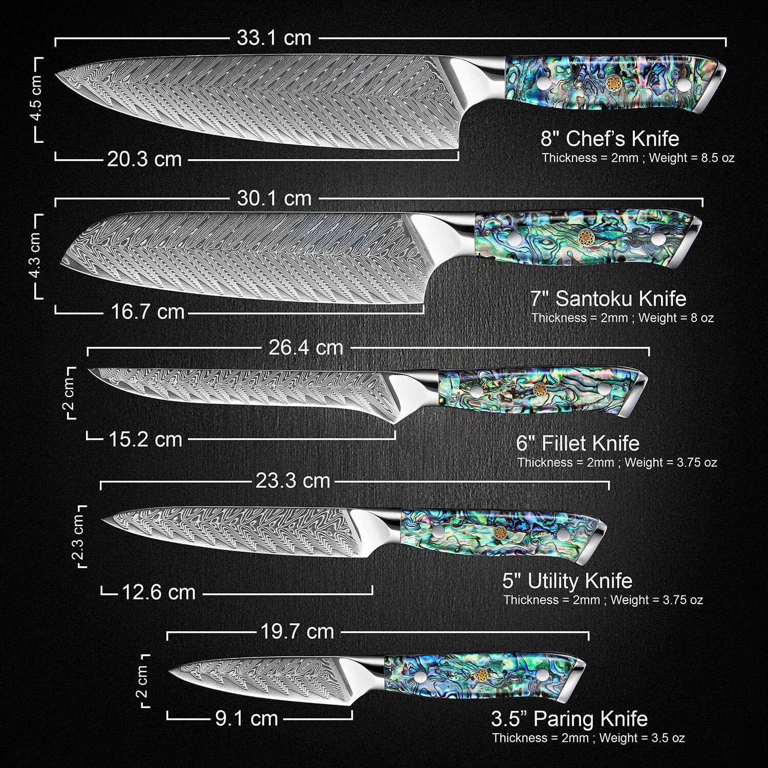 Senken Knives - Wholesale Knife Set - 5-Piece Japanese Damascus Steel Knife Set w/ Abalone Shell3