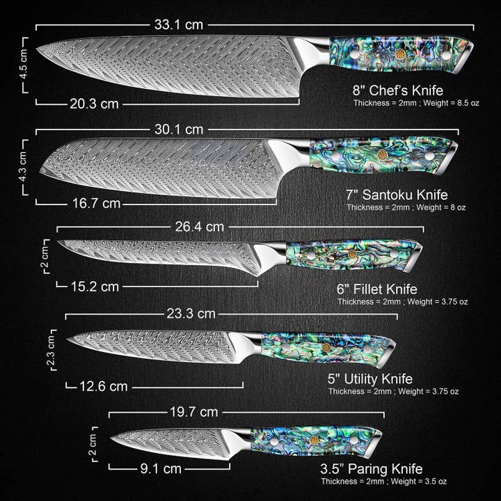 Senken Knives - Wholesale Knife Set - 5-Piece Japanese Damascus Steel Knife Set w/ Abalone Shell3