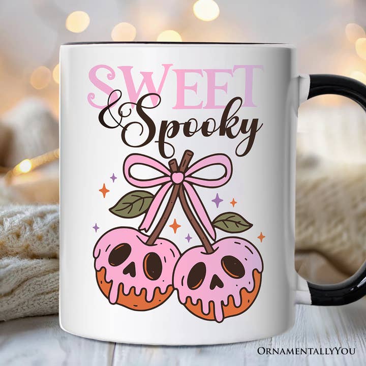 White Black Handle Sweet and Spooky Poison Cherries Halloween Gift Mug for wholesale on Faire