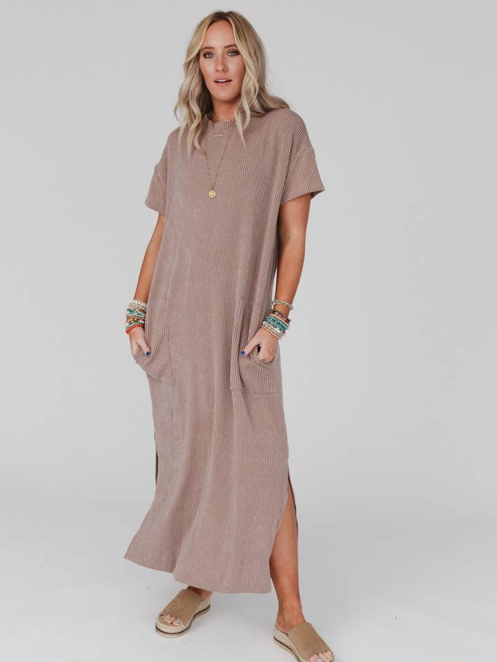 Three Bird Nest - Wholesale Dress - Women's - Easy Days Maxi Slit Tee Dress - Acorn