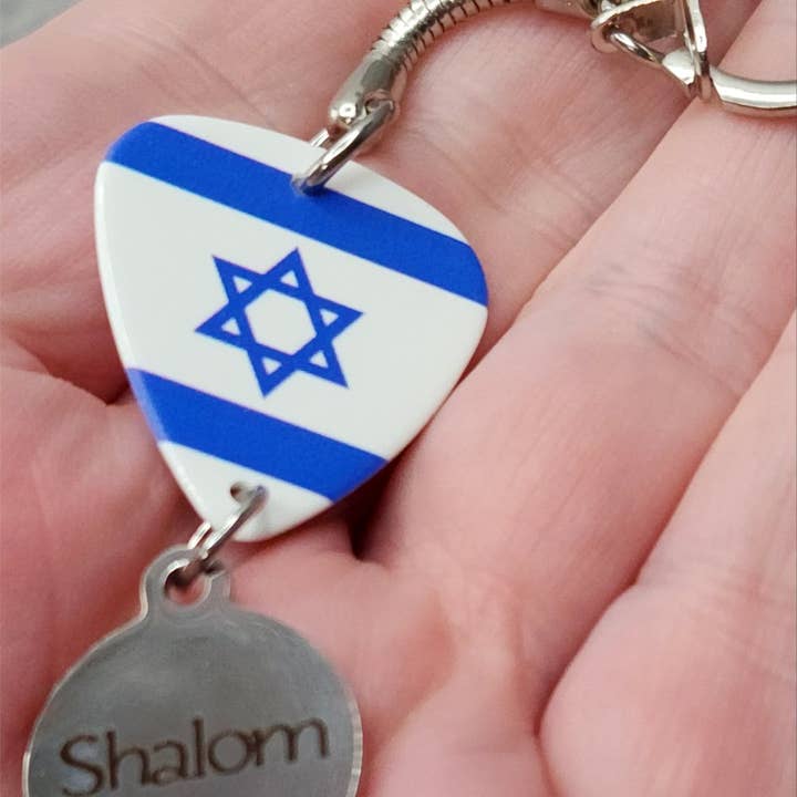 Simply Raevyn - Wholesale Keychain - Unisex - Israeli Flag Guitar Pick Keychain with Shalom Charm