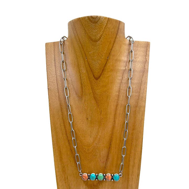 Western Elite Jewelry - Wholesale Pendant/Charm Necklace - NKY241130-01-BLACK Silver metal chain with blue turquoise stone bar Necklace1