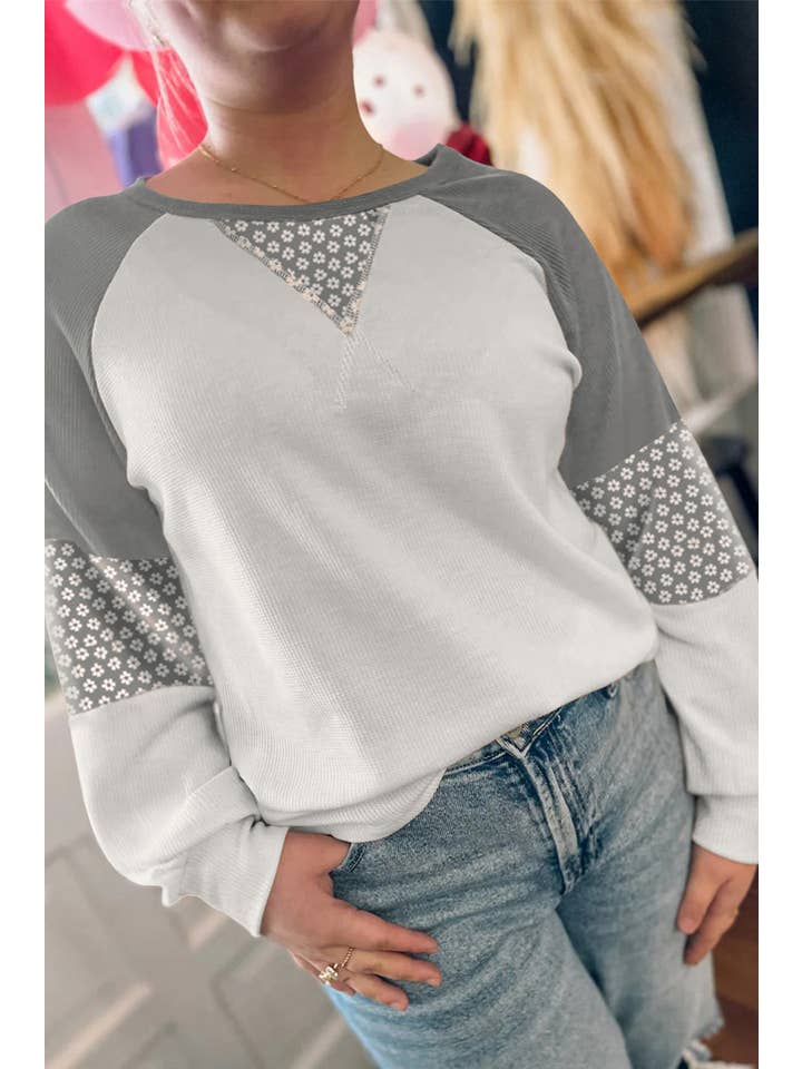 Brown Floral Print Patchwork Color Block Long Sleeve Top (S-XL) for wholesale on Faire1