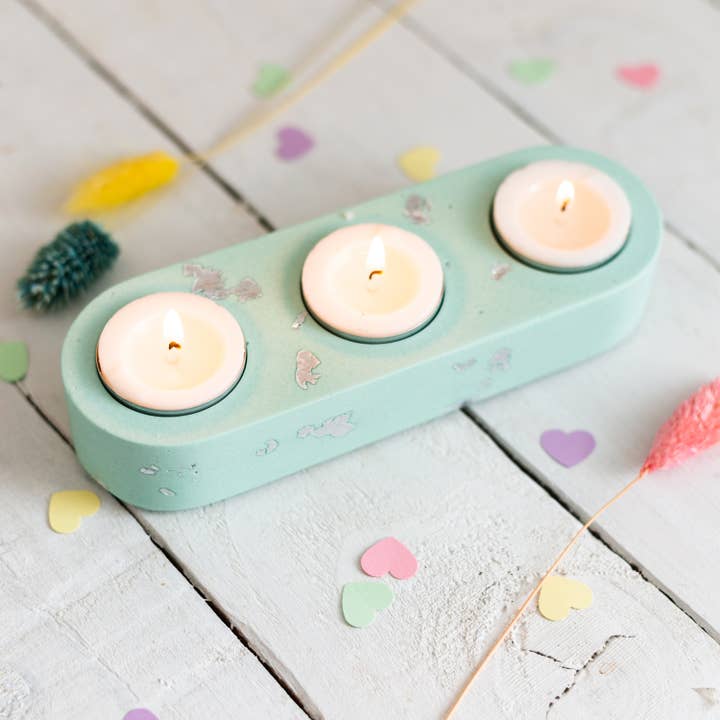 Green and silver jesmonite triple tea light holder for wholesale by Nine Angels