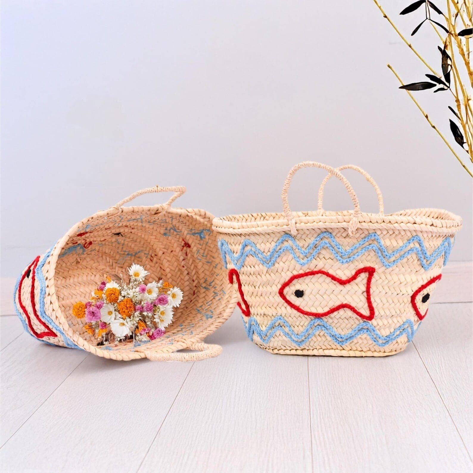 DarKech - Wholesale Beach bag - Handwoven Straw Market Basket with Fish Embroidery 1