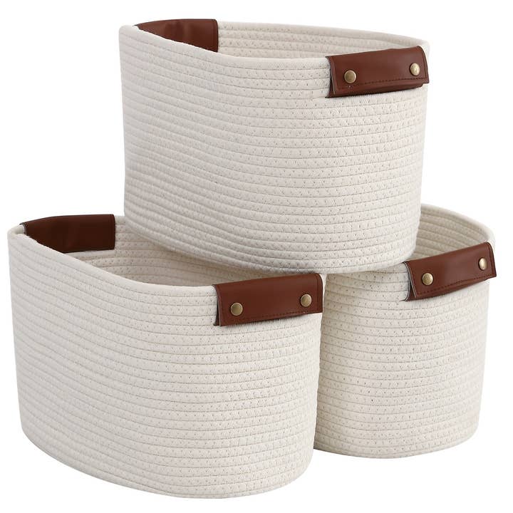 3 Pack Woven Cotton Rope Shelf Storage Basket with Handles for wholesale by Ornavo Home