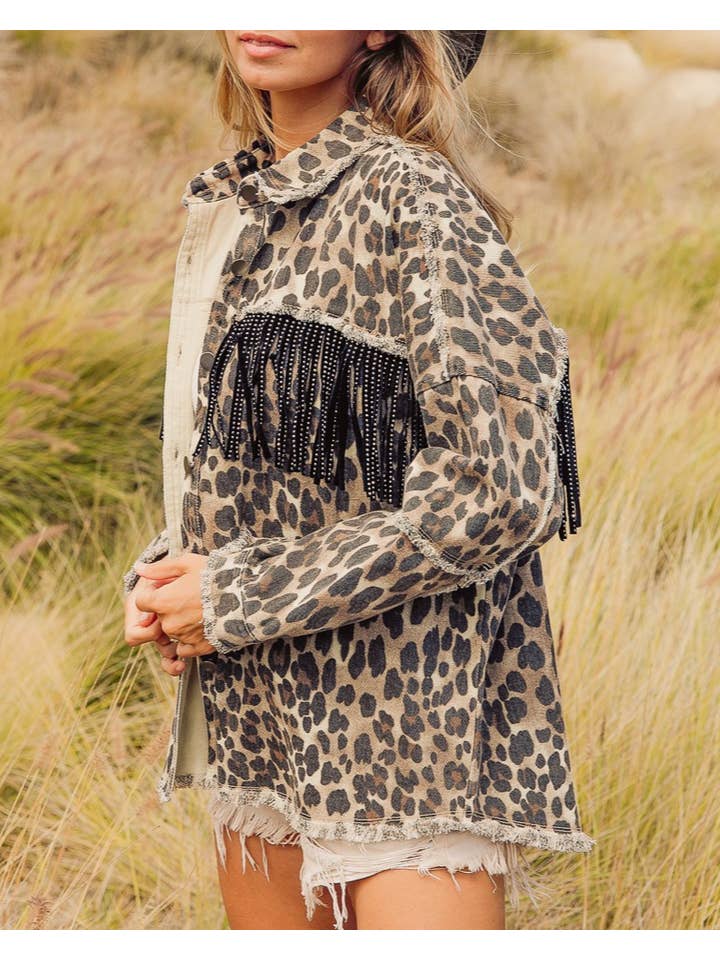 leopard fringed washed oversized denim jacket for wholesale on Faire4