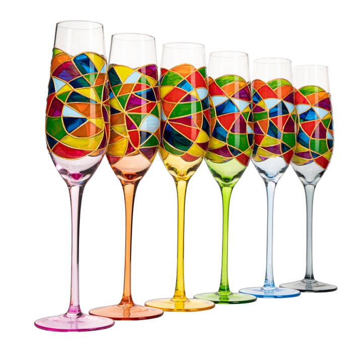Ensemble de 6 flûtes à champagne en vitrail peintes à la main pour la vente par The Wine Savant / Khen Glassware