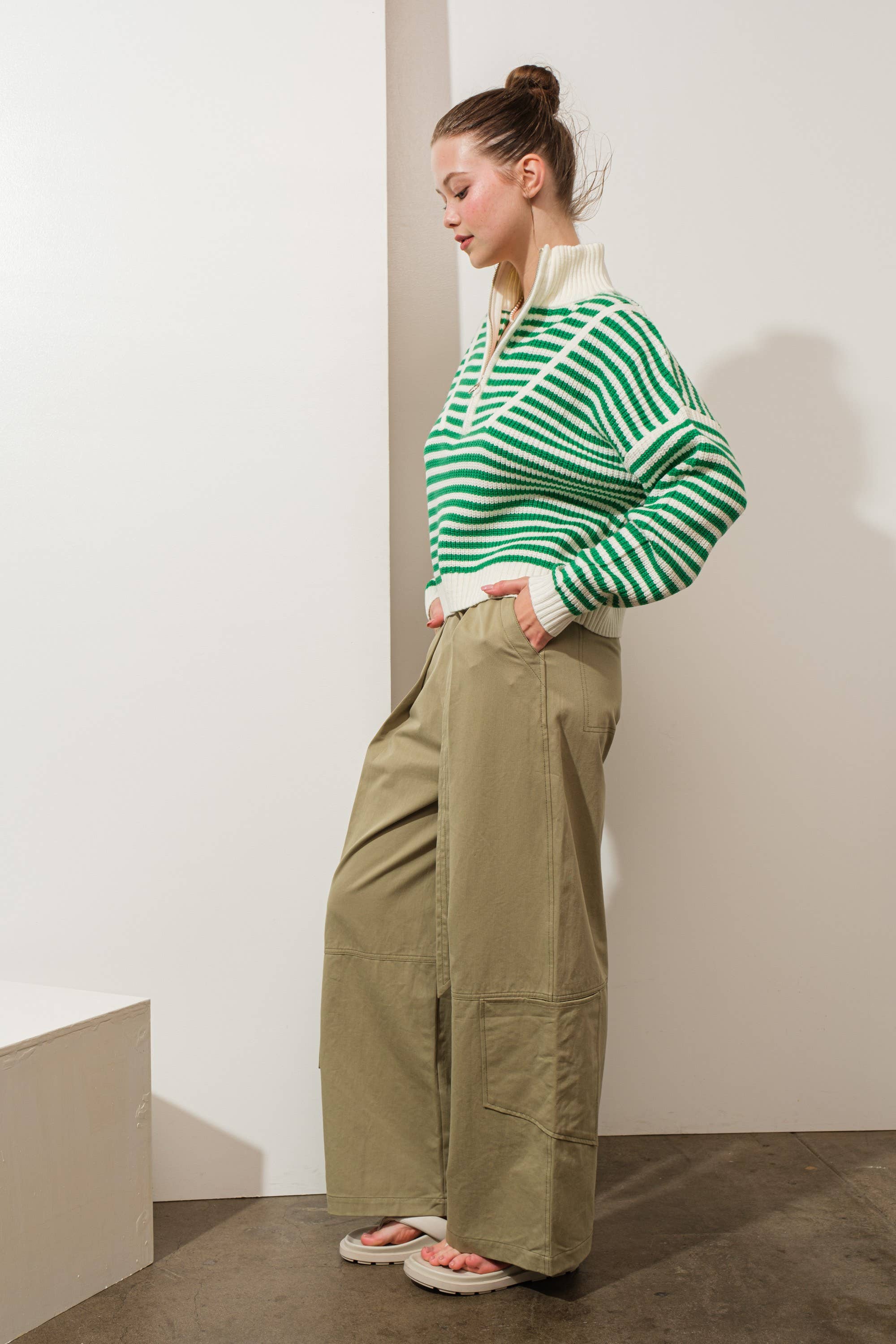 Creamon - Wholesale Knit Sweater - Women's - Preppy Californian Half-zip Striped Sweater-GREEN8