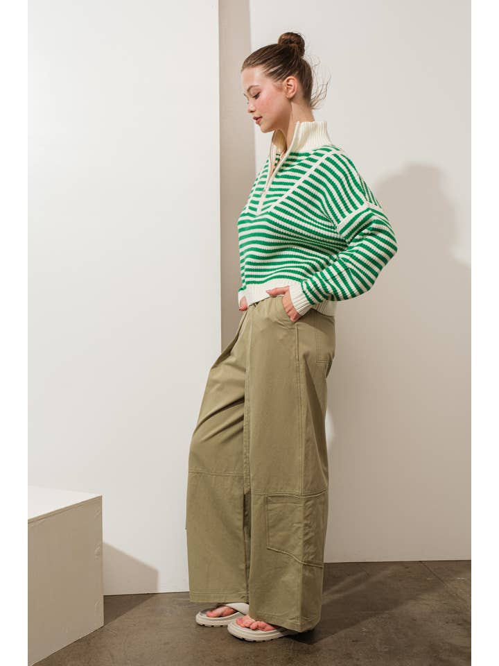 Creamon - Wholesale Knit Sweater - Women's - Preppy Californian Half-zip Striped Sweater-GREEN8
