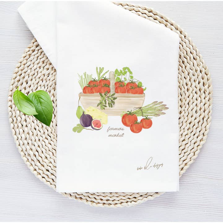 Farmers Market Flour Sack Tea Towel, Kitchen Decor for wholesale by Bebe Blu Designs, LLC