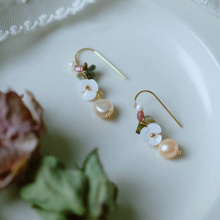 Haengseongworkshop - Wholesale Dangle Earrings - 18K Gold Plated Mother of Pearls Tourmaline Dangle Earrings