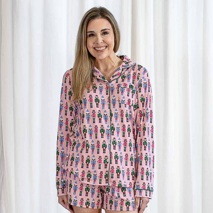The Royal Standard - Wholesale Sleepwear Top - Women's - Nutcracker March Long Sleeve Button Up Sleep Shirt Light Pink/Multi -Asst.