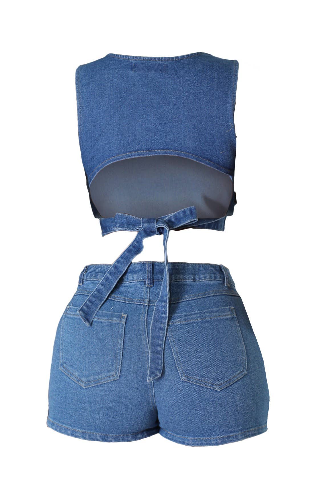 Denim clair Ensemble haut court et short en jean en vente sur Faire16