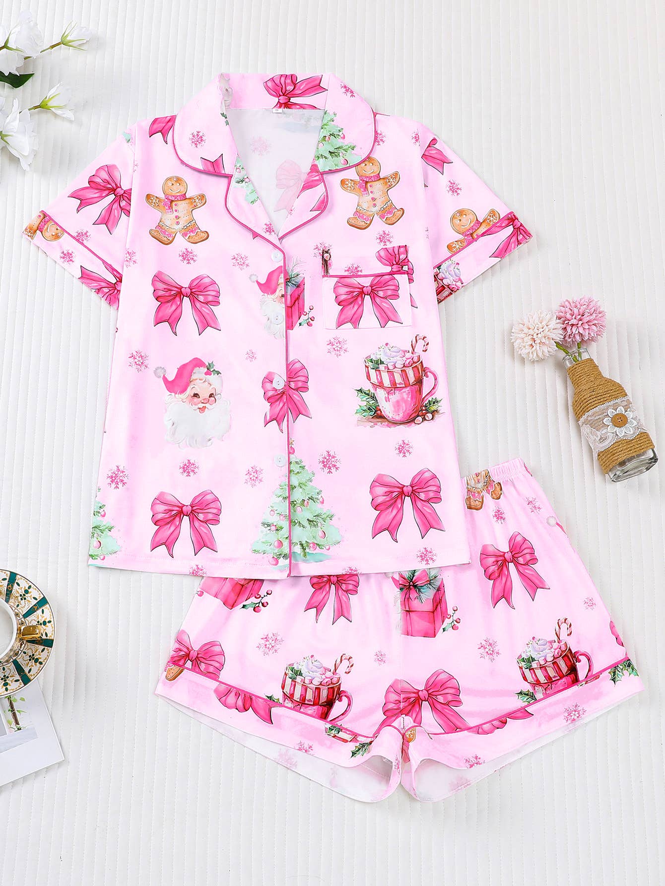 Rosa Clothing - Wholesale Sleepwear Set - Women's - Christmas Santa & Gingerbread Print Short Pajama Set1