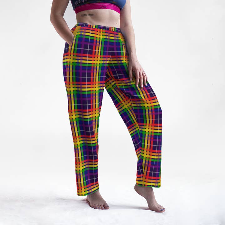 Ninja Ferret Art – wholesale Mjukis- och joggingbyxor – Dam – Rainbow/Aubergine Tartan Plaid Lounge Byxor