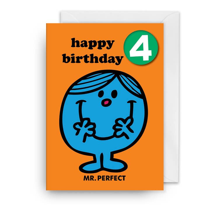 Birthday Badge Card | Mr. Perfect | 4 Year Old | Mr. Men for wholesale by Hype Associates Ltd