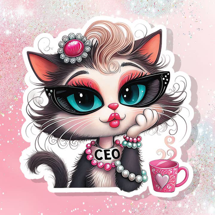 Cat CEO DIVA Vinyl Sticker Classy Coffee Cat Eye Glasses for wholesale by Bella Custom Printing