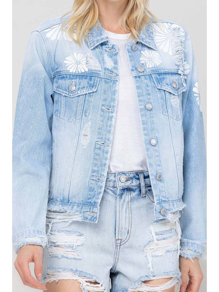 SOCKERVADD KLASSISK CROP JEANSJACKA MED BLOMLASERTRYCK T5137J för wholesale på Faire