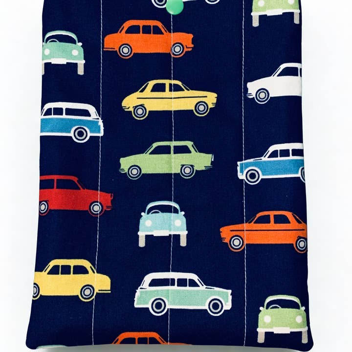 Quilted Tablet or Book Sleeve Snap Closure Interior Pocket - Sweet Ride Collection - Car Theme for Boys, Girls, Kids - Book Cozy - Handmade - Small - 7" x 9" - 5 Prints Available for wholesale by Ann Gregory Designs LLC