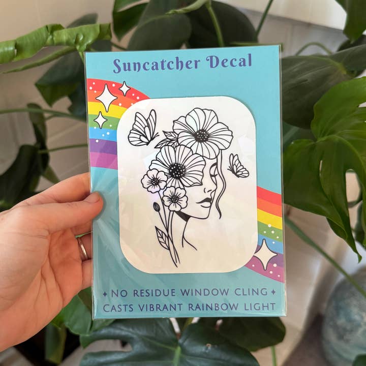 Art by Sharell - Wholesale Suncatcher - Floral Woman Suncatcher Sticker, Plant Lover Window Decal1