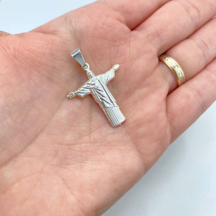 DIJU Jewelry - Venta al por mayor Abalorios/colgantes individuales - Colgante de cruz con sudario chapado en plata o estatua del Cristo Redentor de Jesús, Cristo Redentor Río Brasil, solo colgante, joyas al por mayor