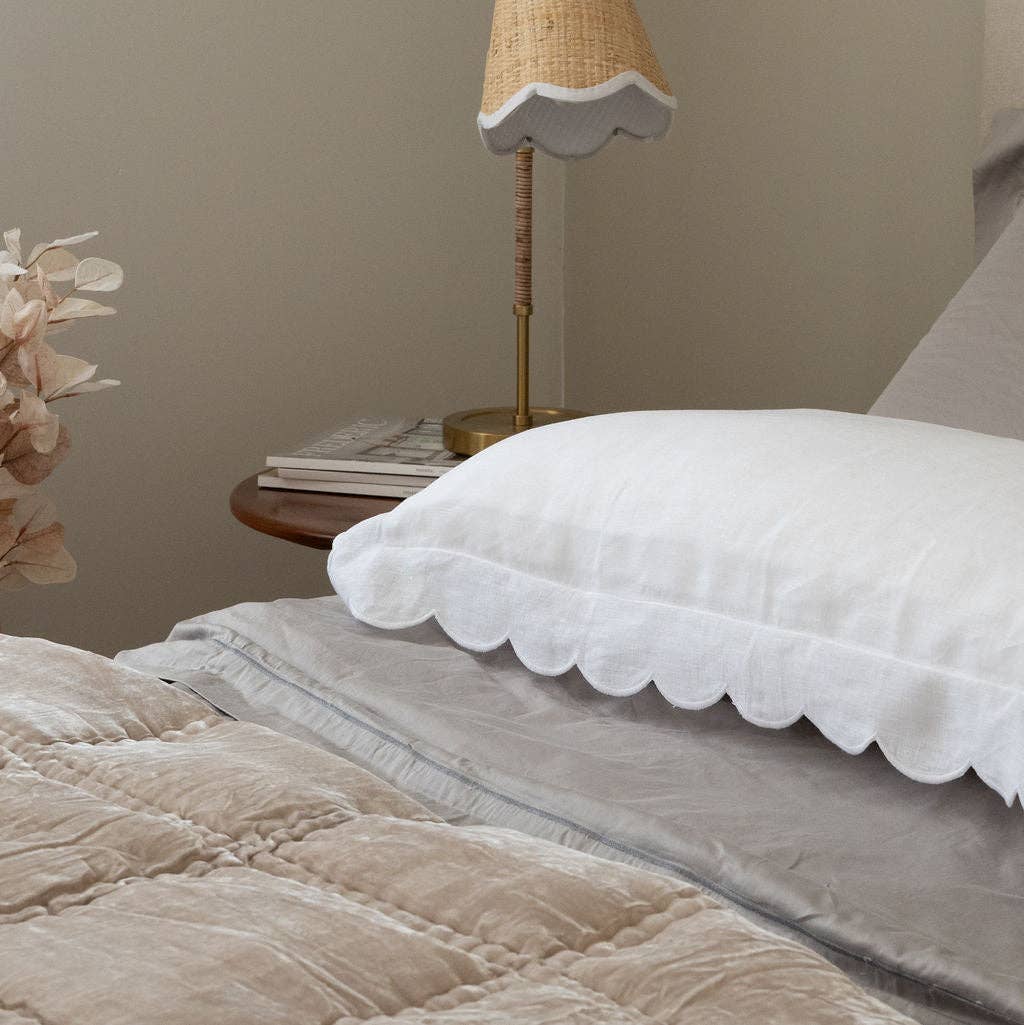White Scalloped Edge Linen Pillowcases for wholesale on Faire4