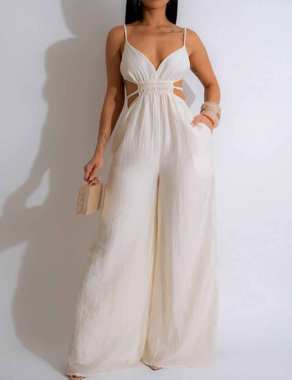 Sweetkama - Wholesale Jumpsuit - Women's - Ladies Solid Color Stripe Shoulder Backless Jumpsuit