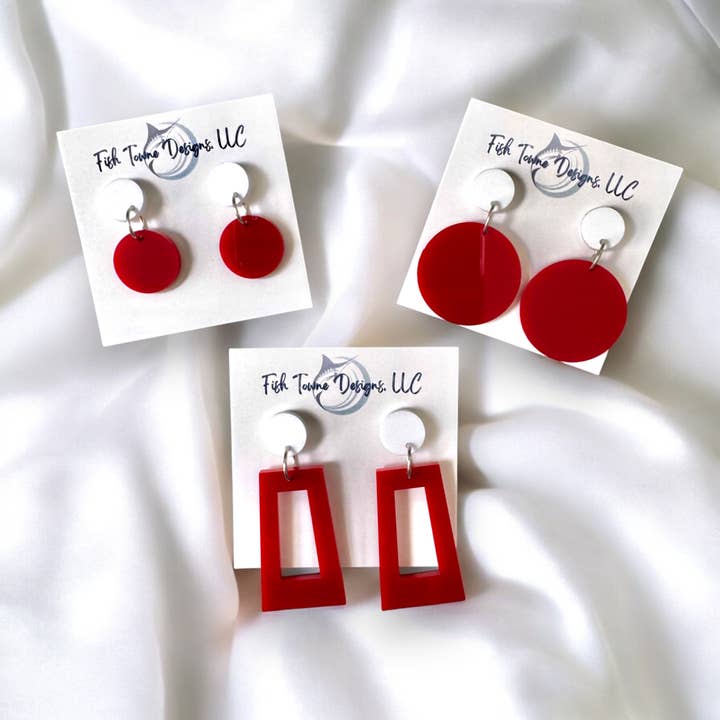 Red and White Acrylic Game Day Earrings for wholesale by Fish Towne Designs, LLC