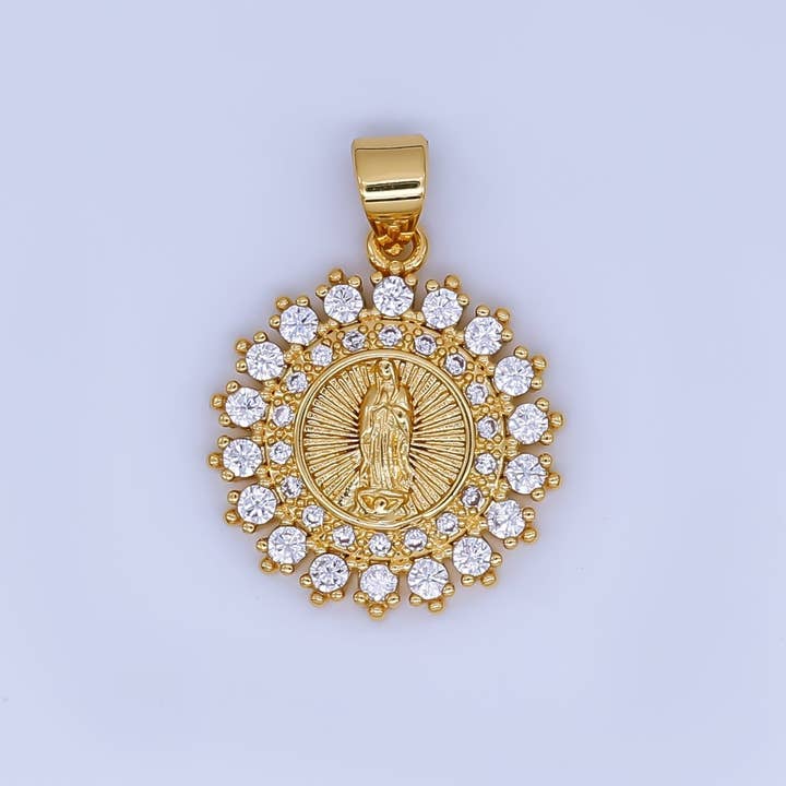 Dainty 24K Gold Filled Lady Guadalupe Charm Virgin Mary Religious Figure CZ Round Pendant | AH503 for wholesale by Aim Eternal