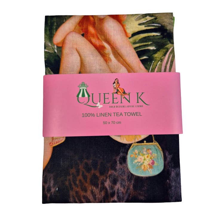 Queen K - Wholesale Tea towel - Jungle Walk Pink Wild Glamour 100% Linen Tea Towel1