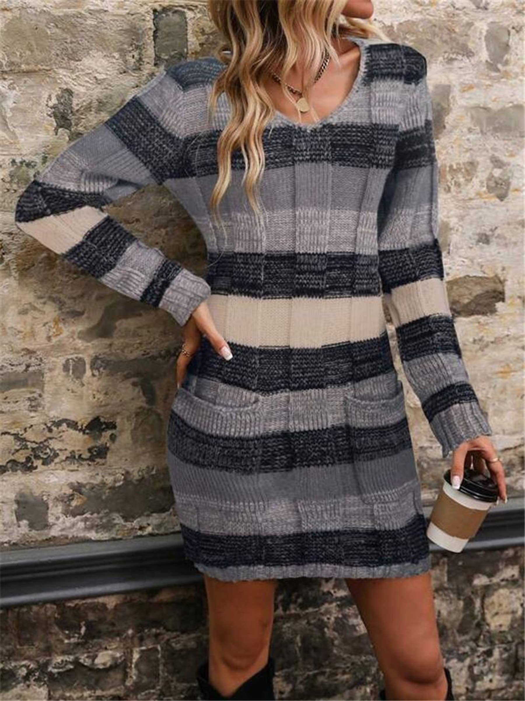 Wholesalesir - Wholesale Dress - Women's - V-neck Color Blocked Pocket Knitted Dress2