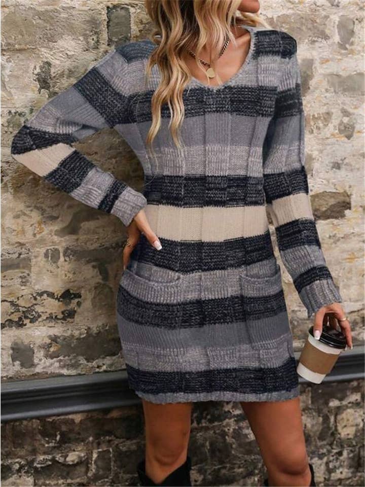 Wholesalesir - Wholesale Dress - Women's - V-neck Color Blocked Pocket Knitted Dress2
