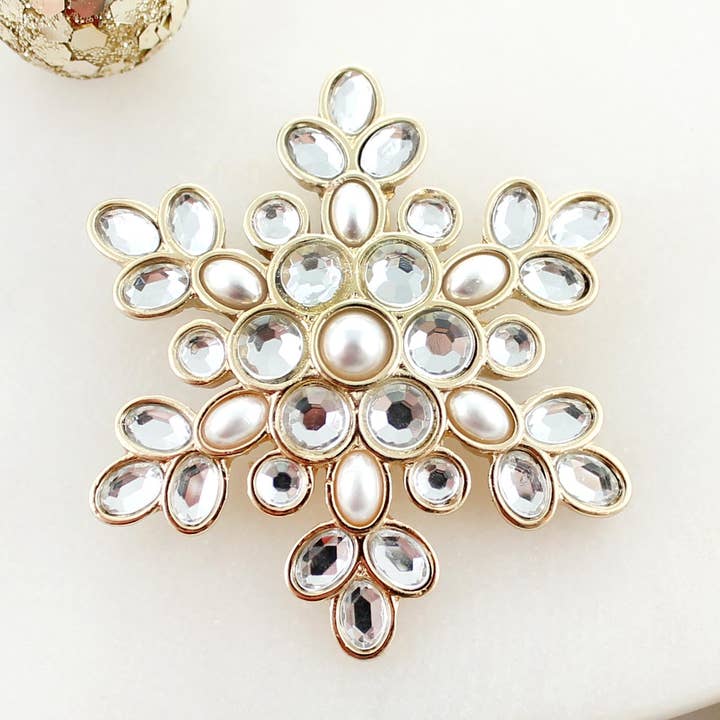 Gold Pearl & Crystal Snowflake Christmas Pin/Pendant | Wear as a Brooch or on a Necklace! for wholesale by Seasons Jewelry