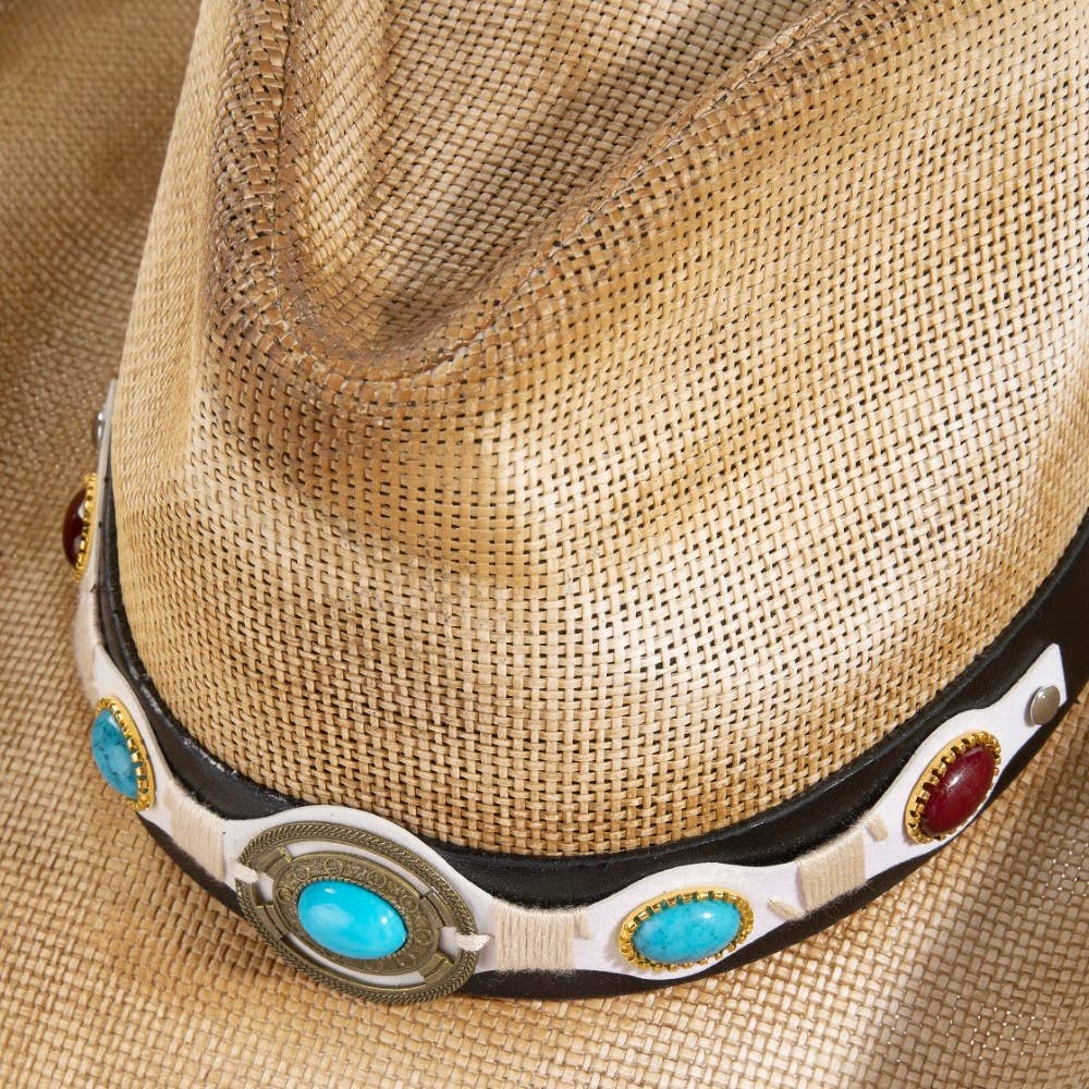 Collections by Fame Accessories – Engroshandel Cowboyhat - Dame – Vestlig turkis stenrem stråcowboyhat3