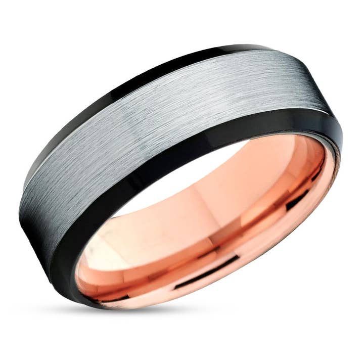 Fede nuziale in tungsteno in oro rosa - Fede nuziale in tungsteno - anello nero - fascia da uomo - anello in argento per la vendita all'ingrosso da parte di Lucky Love Rings