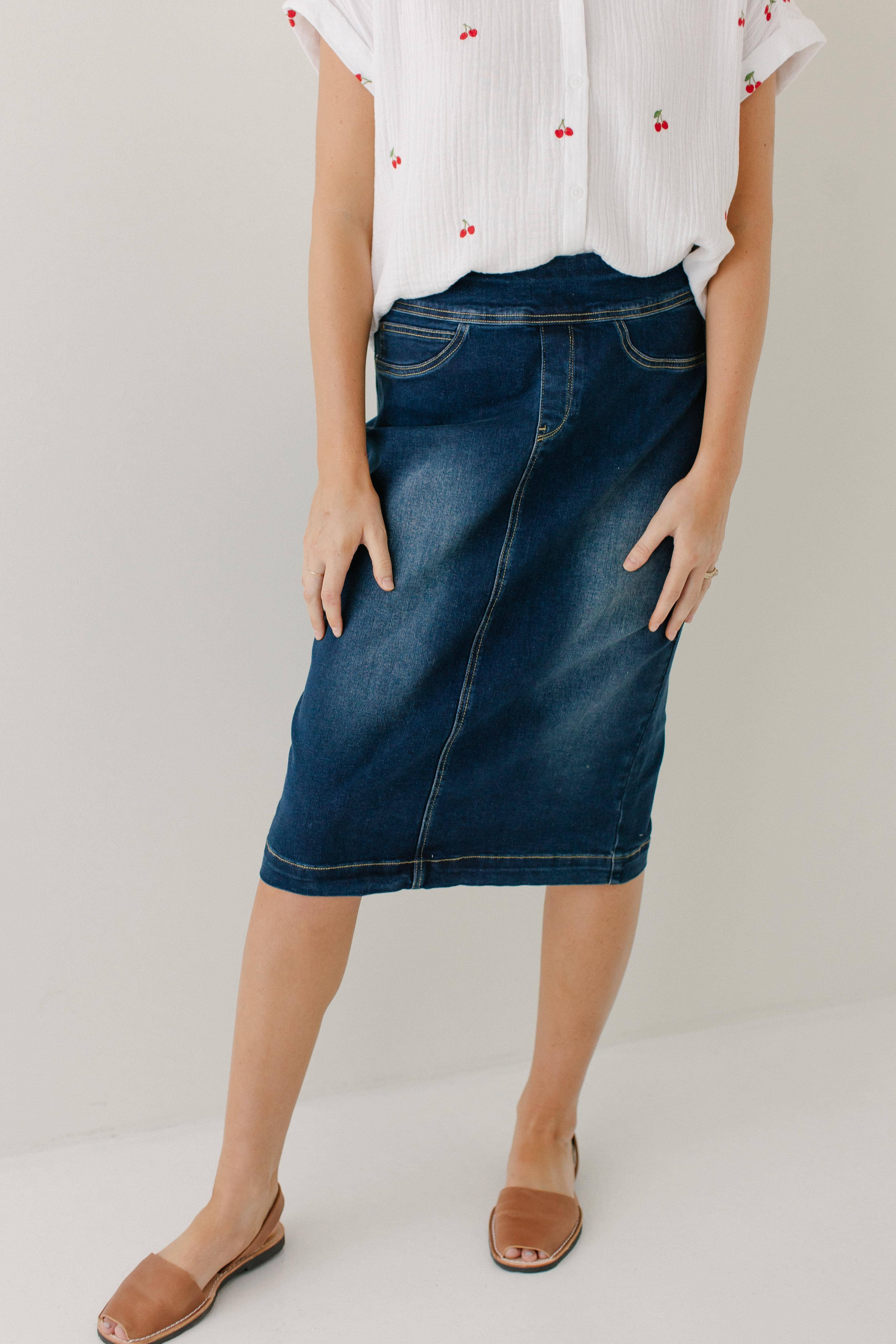 'Sara' Classic Knee Length Dark Denim Skirt for wholesale on Faire14