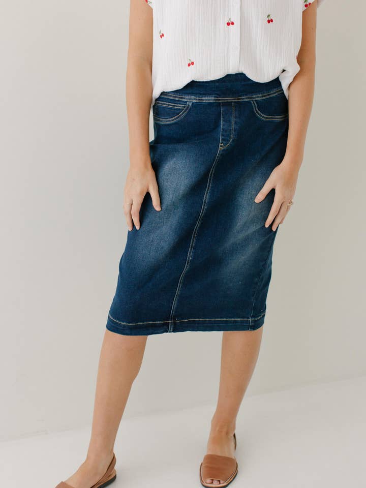 'Sara' Classic Knee Length Dark Denim Skirt for wholesale on Faire14