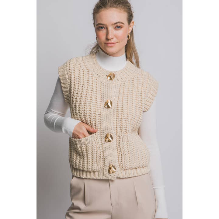 GOLD BUTTON DOWN KNIT SWEATER VEST for wholesale by Pinkbloom