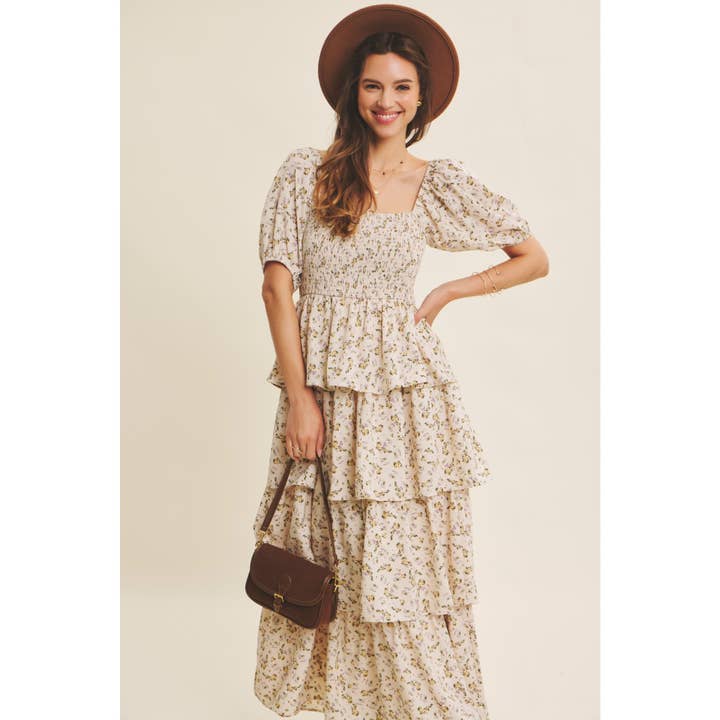 in february - Wholesale Dress - Women's - PUFF SLEEVED VICTORIAN FLORAL SMOCKED MAXI DRESS
