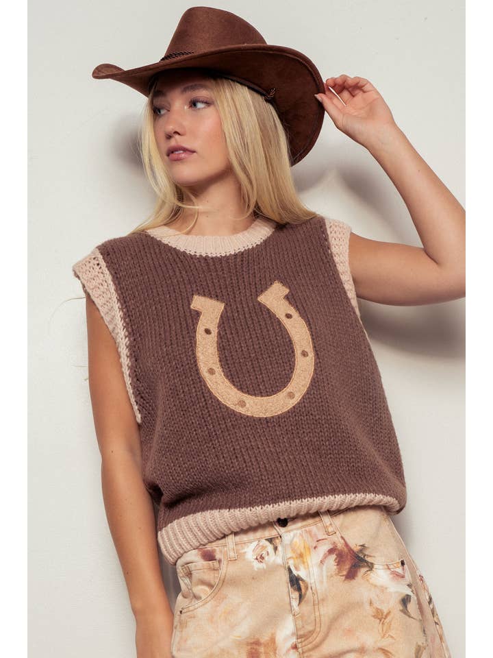 Urban Daizy - Wholesale Sweater Vest - Women's - Western Horseshoe Crochet Knit Ribbed Trim Sweater Vest
