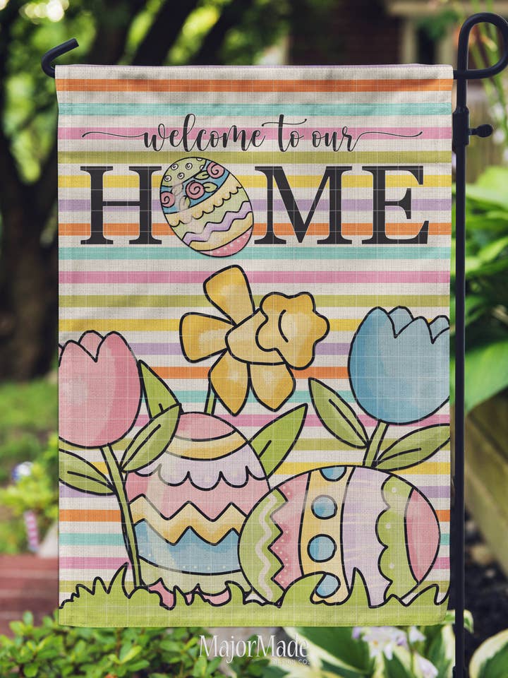 Bandiera da giardino, Pasqua, benvenuti nella nostra casa per la vendita all'ingrosso da parte di MajorMade Design Co