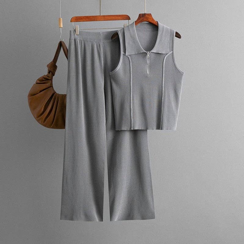 OceanusSwim – wholesale Top & pants set (NOT Loungewear) – Women's – Knit Zip Neck Vest High Waist Pants Set9