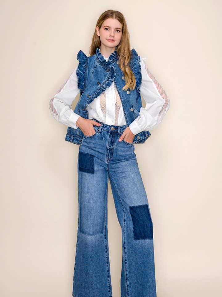 GILET IN DENIM CON VOLANT per la vendita all'ingrosso da parte di Insane Gene USA