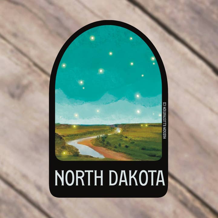 Autocollant/aimant/impression/carte postale de l'État du Dakota du Nord pour la vente par Hudson Illustration Co - About Town Co