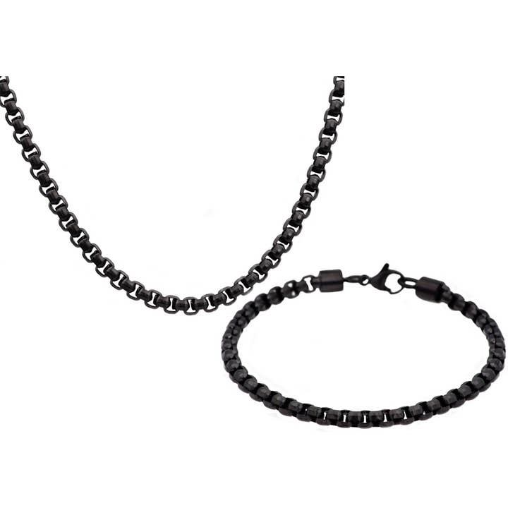 Men's Diamond Cut Black Stainless Steel Box Rolo Link Chain Set for wholesale by Blackjack Mens Jewelry