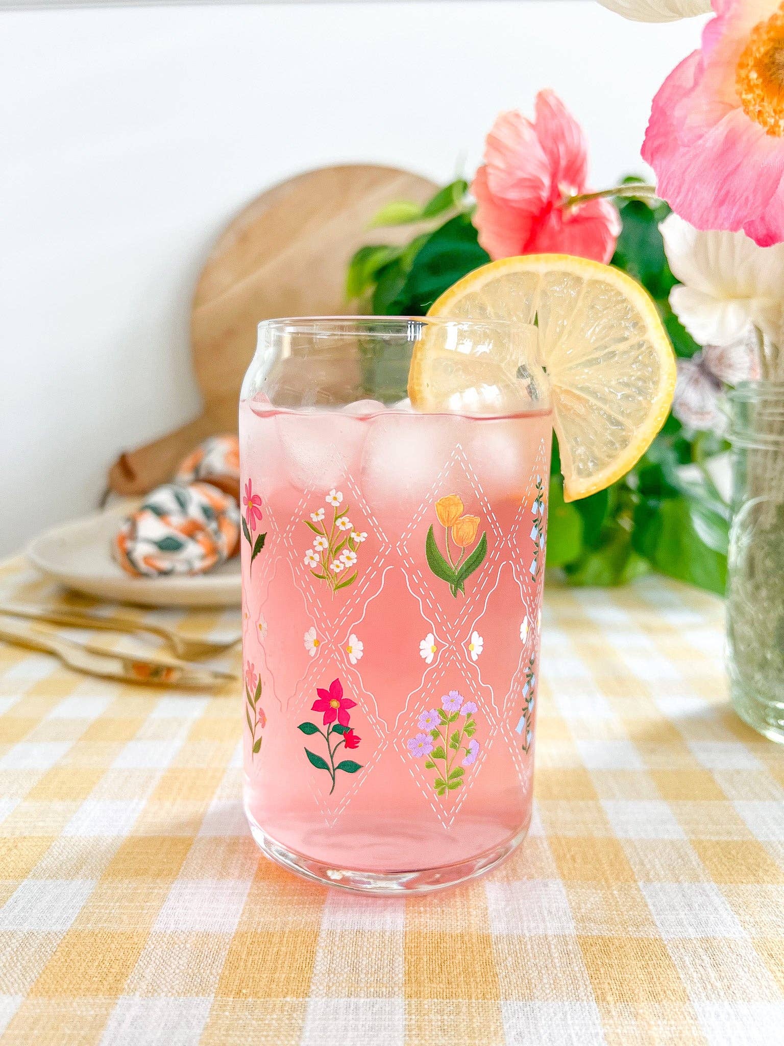 Hart and Flora Shop - Wholesale Drinking Glass/Cup - 16oz Floral Quilt Glass2