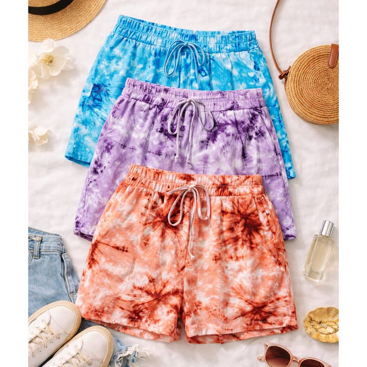 VIBRANT DAYS ELASTIC WAIST TIE-DYE SHORTS for wholesale by Winslow Collection