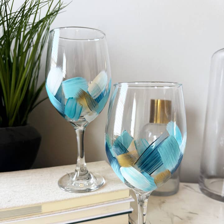 Heather Eck Artist LLC - Wholesale Wine Glass - Ocean Blue + Gold | Wine Glass | Beach | Waves | Summer 1