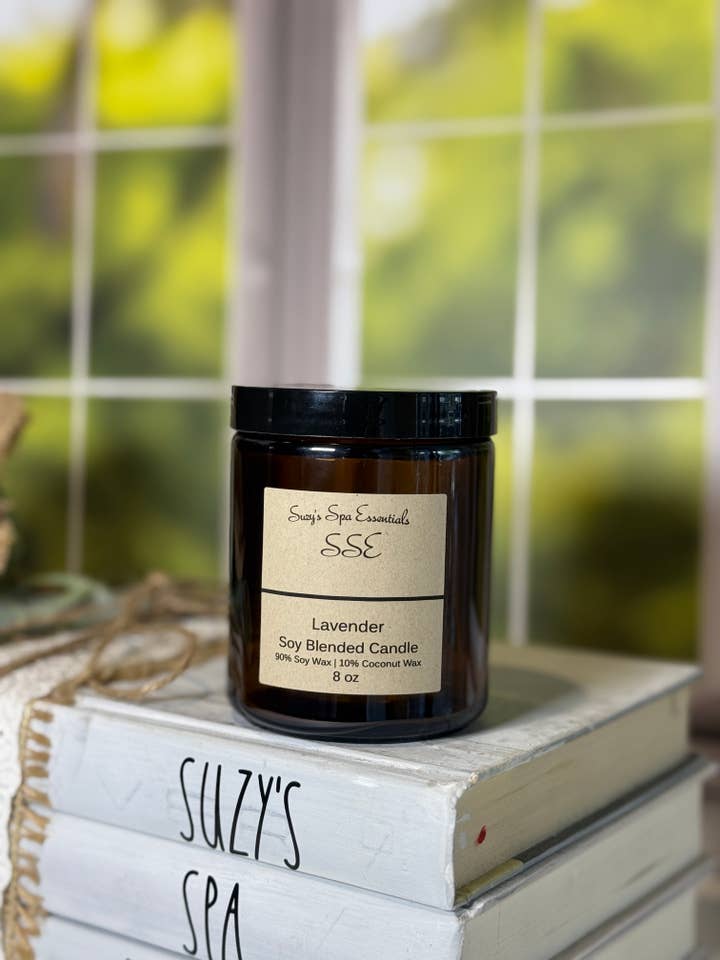 Lavender Soy Blend Candle - 8 oz Amber Jar for wholesale by Suzy Spa Essentials